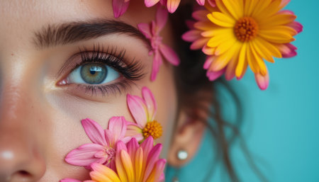 This stunning close-up features a womans striking blue eye framed by delicate pink and yellow flowers, creating a mesmerizing contrast. The image radiates beauty and freshness, evoking feelings of spring and renewal, while highlighting the intricate details of her eye and the floral arrangement.の素材