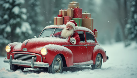A cheerful Santa Claus, with a fluffy white beard and a bright red suit, drives a classic red car adorned with colorful Christmas presents on the roof. The snowy forest backdrop enhances the festive spirit, evoking warmth and joy during the holiday season.の素材
