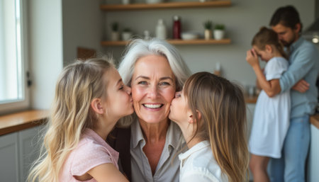 A joyful grandmother is surrounded by her two granddaughters, who are kissing her on both cheeks, radiating warmth and affection. The cozy kitchen setting enhances the intimate family moment, showcasing the bond between generations and the love shared in a nurturing home.の素材