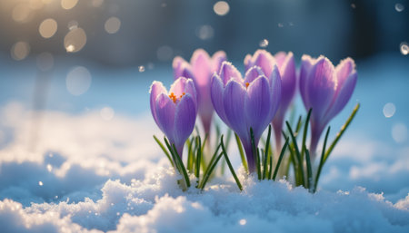 A cluster of vibrant purple crocuses emerges from a blanket of glistening snow, illuminated by soft sunlight. This enchanting scene captures the resilience of nature, showcasing the beauty of springs first flowers breaking through winters chill.の素材