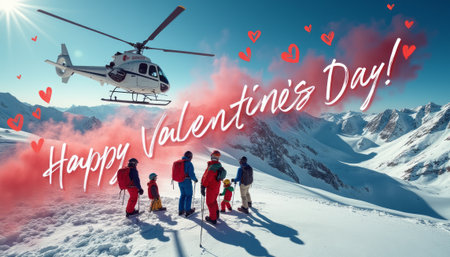 A helicopter hovers above a stunning snowy landscape, showering vibrant pink smoke as a group of excited people celebrate Valentines Day. The scene captures the thrill of adventure and love, with majestic mountains in the background and hearts adorning the festive message.の素材