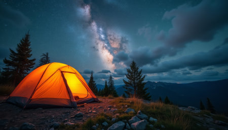 An inviting orange tent glows warmly against a breathtaking backdrop of the Milky Way, surrounded by majestic mountains and towering trees. This serene camping scene captures the magic of nature, inviting adventurers to embrace the tranquility and wonder of the great outdoors.の素材