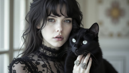A striking woman with long dark hair and piercing blue eyes gazes intensely at the camera, cradling a sleek black cat against her cheek. The intricate lace of her black dress and the elegant rings on her fingers add a touch of gothic allure, creating a captivating atmosphere of mystery and elegance.の素材