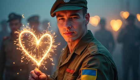 A young male soldier in a military uniform holds a sparkler, forming a glowing heart shape against a smoky backdrop filled with fellow soldiers. This captivating image blends themes of love and camaraderie, showcasing the warmth and humanity within a military setting.の素材