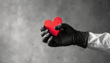 A gloved hand delicately cradles a vibrant red heart against a textured gray background, symbolizing care and compassion. This striking image captures the essence of love and health, merging the warmth of the heart with the professionalism of medical care.の素材