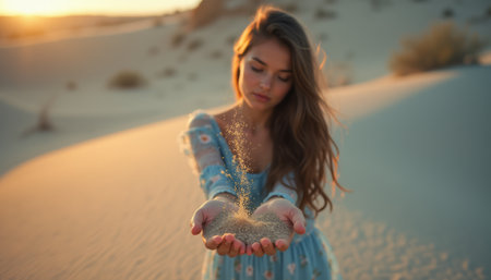 In a breathtaking desert landscape, a young woman with long, flowing hair gently releases sand from her hands, capturing the golden light of sunset. The scene evokes a sense of freedom and tranquility, as the soft grains of sand dance in the warm breeze, symbolizing the passage of time and the beauty of nature.の素材