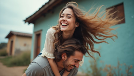 A happy couple enjoys a carefree moment outdoors, with the woman playfully riding on the mans back, both laughing joyfully. Their vibrant expressions and flowing hair capture the essence of love and spontaneity against a rustic backdrop.の素材