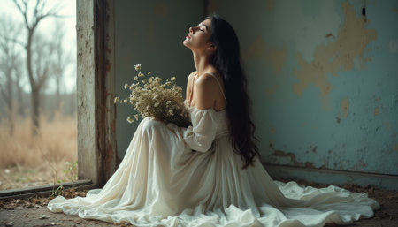 A beautiful woman with long dark hair sits gracefully in a sunlit, abandoned room, cradling a bouquet of dried flowers. The soft white dress flows around her, creating an ethereal atmosphere that evokes feelings of nostalgia and tranquility.の素材