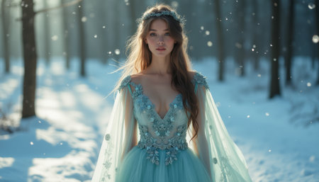 A stunning young woman stands gracefully in a delicate blue gown adorned with intricate floral details, surrounded by a serene snowy forest. The soft snowfall and ethereal light create a magical atmosphere, highlighting her beauty and the enchanting winter landscape.の素材
