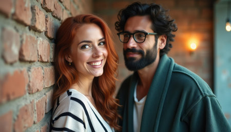 A joyful couple stands close together, radiating warmth and affection against a charming brick backdrop. The womans vibrant red hair and the mans stylish glasses enhance their playful connection, creating a cozy and inviting atmosphere.の素材