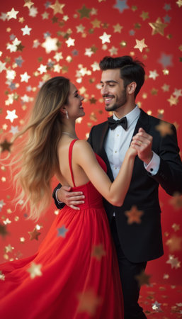A joyful couple dances gracefully against a vibrant red backdrop adorned with shimmering gold stars. Their radiant smiles and elegant attire capture the essence of celebration and romance, making this image perfect for holiday-themed events.の素材