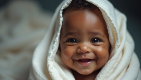 A joyful baby with sparkling eyes and a radiant smile is wrapped snugly in a fluffy cream blanket. The image captures the pure essence of innocence and happiness, evoking warmth and love in every glance.の素材