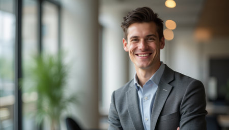 A stylish young man in a tailored suit stands confidently with a bright smile, exuding professionalism and charm. The modern office background, with soft lighting and greenery, enhances the inviting atmosphere, making it perfect for business or personal branding.の素材