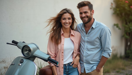 A cheerful young couple stands close together, radiating happiness against a soft, natural backdrop. Their warm smiles and relaxed attire create an inviting atmosphere, perfect for capturing the essence of carefree adventures and youthful love.の素材