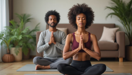 A man and woman are meditating in a tranquil living room, surrounded by plants and soft natural light. Their peaceful expressions and synchronized poses create an atmosphere of harmony and mindfulness, showcasing the beauty of shared wellness practices.の素材