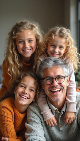 A heartwarming family portrait captures a joyful grandfather surrounded by his three cheerful granddaughters, all beaming with happiness. Their curly hair and bright smiles radiate warmth and love, creating a delightful atmosphere of family bonding and cherished moments.の素材