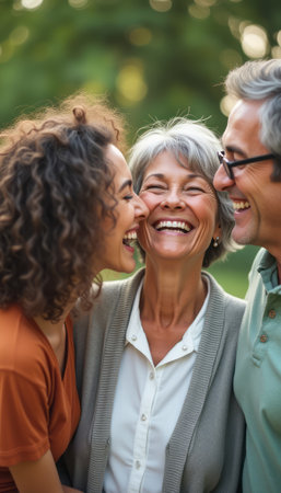 A heartwarming scene of a woman in her 60s surrounded by her adult children, all sharing a joyful laugh in a sunlit outdoor setting. The image captures the essence of family love and connection, highlighting the warmth and happiness that comes from cherished moments together.の素材