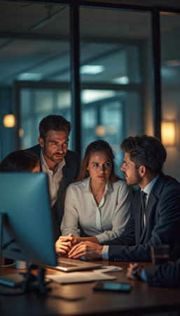 A group of four professionals, two men and two women, engage in a serious discussion around a computer in a dimly lit office. Their expressions reflect determination and collaboration, highlighting the essence of teamwork in a corporate environment.の素材