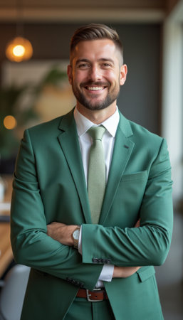 A smiling man in a sharp green suit stands confidently with his arms crossed, exuding professionalism and charm. His well-groomed appearance and bright smile create an inviting atmosphere, perfect for business settings.の素材