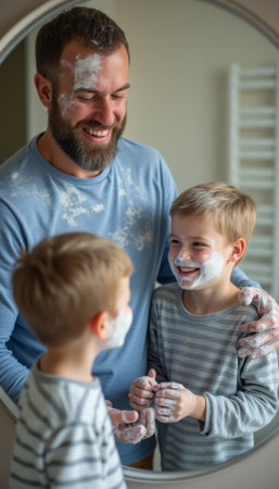 A cheerful father and his two young sons are playfully covered in foam, laughing together in front of a mirror. The scene radiates warmth and joy, capturing a delightful moment of family bonding and carefree fun.の素材