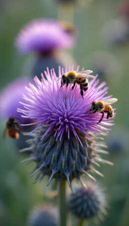 Two busy bees hover over a stunning purple thistle flower, capturing the essence of natures harmony. The image beautifully illustrates the vital role of pollinators in a vibrant ecosystem, showcasing the delicate balance between flora and fauna.の素材