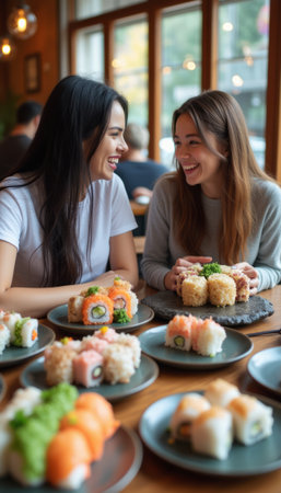 Two young women, one with long dark hair and the other with long light brown hair, share laughter over a vibrant sushi spread in a cozy restaurant. The scene captures the joy of friendship and culinary delight, with colorful sushi rolls beautifully arranged on wooden tables.の素材