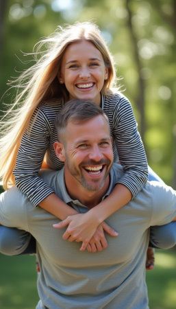A happy woman with long blonde hair rides on the back of a smiling man in a casual gray shirt, both radiating joy in a sunlit park. Their laughter and carefree spirit capture the essence of love and friendship, surrounded by vibrant greenery.の素材