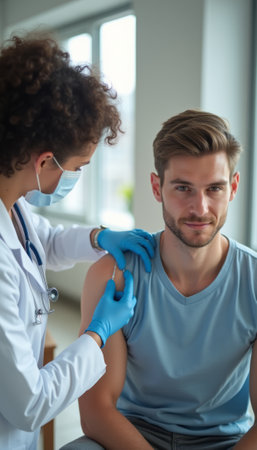 A healthcare worker with curly hair and a mask is giving a vaccine to a young man with a confident smile. This image captures a moment of health and hope, emphasizing the importance of vaccinations in promoting well-being.の素材