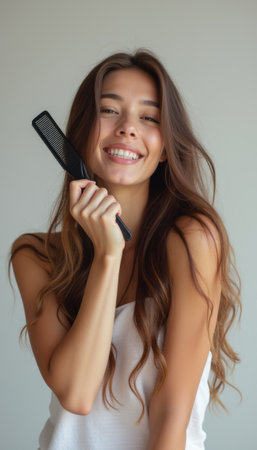 A young woman with long, flowing hair beams with joy while holding a black comb close to her face. Her bright smile and relaxed pose convey a sense of confidence and beauty, perfect for hair care or beauty-related themes.の素材