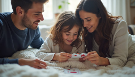 A joyful family of three, a man, a woman, and a young girl, share a delightful moment playing cards together on a cozy bed. Their smiles radiate warmth and happiness, creating a heartwarming scene of love and togetherness.の素材