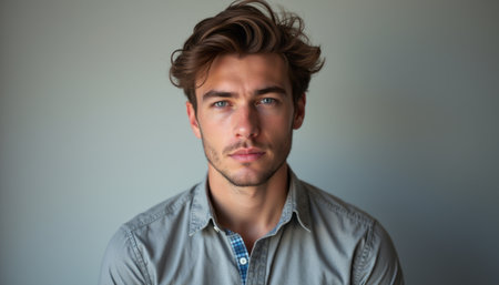 A striking portrait of a young man with tousled hair and captivating blue eyes, exuding confidence and charm. His neutral shirt complements the soft, muted background, creating a serene yet engaging atmosphere.の素材