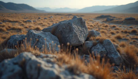 A tranquil scene featuring rugged rocks surrounded by golden grass, set against a backdrop of distant mountains. The image captures the essence of natures beauty, evoking feelings of peace and solitude in a vast, open landscape.の素材