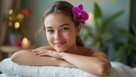 A young woman with a radiant smile relaxes at a spa, adorned with a vibrant purple orchid in her hair. The tranquil atmosphere, enhanced by soft lighting and lush greenery, evokes a sense of peace and rejuvenation.の素材