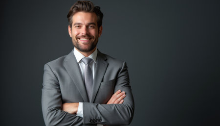 A handsome man in a well-fitted gray suit stands confidently with his arms crossed, exuding professionalism and charm. His warm smile and neatly styled hair create an inviting atmosphere, perfect for corporate branding or personal promotion.の素材