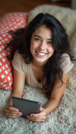 A cheerful young woman with long, dark hair lies on a plush rug, holding a tablet and smiling brightly. The warm atmosphere is enhanced by the soft textures of the rug and the vibrant orange pillow, creating a sense of comfort and joy.の素材
