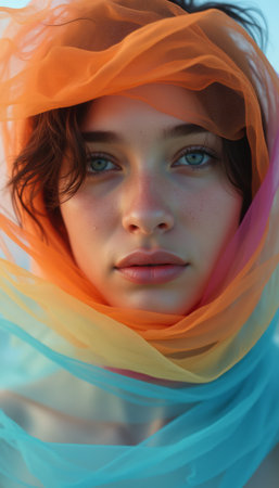 A stunning young woman with captivating blue eyes is enveloped in flowing, colorful silk fabric, creating a dreamlike atmosphere. The soft hues of orange and blue contrast beautifully against her delicate features, evoking a sense of serenity and artistic elegance.の素材