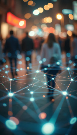 A blurred city street scene captures people walking, with a digital network overlay symbolizing connectivity and modernity. The image evokes a sense of bustling life, highlighting the intersection of technology and human interaction in a vibrant urban environment.の素材