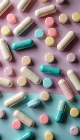 A vibrant array of pastel-colored pills and capsules sprawls across a soft, dual-toned background, creating a playful yet organized composition. The image captures the essence of health and wellness, showcasing a delightful mix of shapes and colors that evoke a sense of care and vitality.の素材