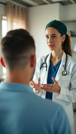 A female doctor in a white coat and green headband engages in a thoughtful conversation with a male patient, showcasing a caring and professional atmosphere. The image captures the essence of healthcare communication, highlighting the importance of empathy and understanding in medical consultations.の素材