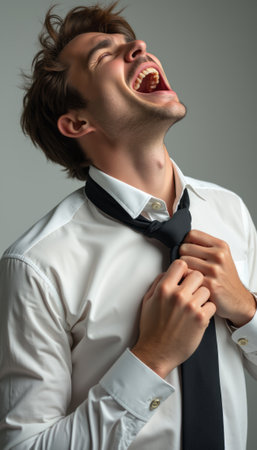 A young man with tousled hair is joyfully laughing, adjusting his tie against a soft gray background. His expression radiates happiness and confidence, capturing a moment of pure delight and self-assurance.の素材