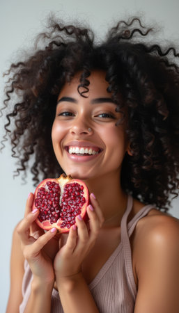 A cheerful young woman with curly hair beams as she holds a vibrant pomegranate, showcasing its juicy seeds. Her bright smile and the rich red of the fruit symbolize health and joy, inviting viewers to embrace a vibrant lifestyle.の素材