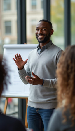 A charismatic Black man in a gray sweater stands confidently, addressing an attentive audience in a modern conference room. His warm smile and open gesture create an inviting atmosphere, encouraging interaction and connection.の素材