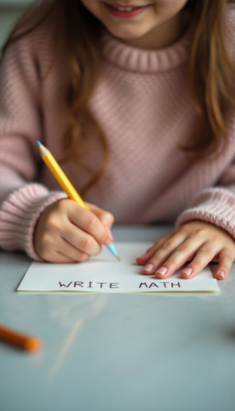 Young girl joyfully writing WRITE MATH on a blank sheet, showcasing her enthusiasm for learning. The image captures a moment of creativity and focus, highlighting the childs engagement in educational activitiesの素材