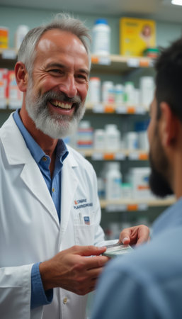 A cheerful elderly man with a gray beard, dressed in a white lab coat, smiles warmly at a younger man in a pharmacy. The scene radiates trust and professionalism, highlighting the importance of personal care in healthcare.の素材