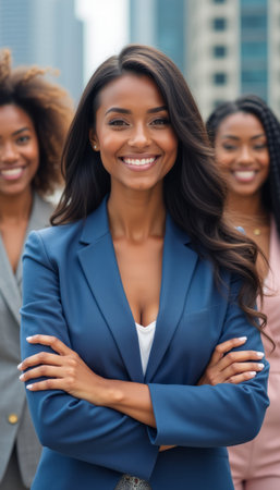 Three diverse businesswomen stand confidently in a bustling urban environment, radiating positivity and professionalism. The front woman, with long, flowing hair and a blue blazer, exudes leadership, while her colleagues showcase a blend of styles and personalities, emphasizing teamwork and empowerment.の素材