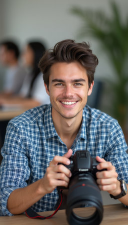 A cheerful young man with stylish hair is holding a camera, radiating enthusiasm and creativity. His bright smile and casual plaid shirt create a warm atmosphere, perfect for capturing memorable moments.の素材