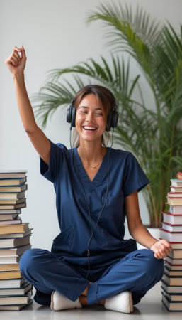 A cheerful young woman in scrubs sits cross-legged among stacks of books, wearing headphones and raising her arm in celebration. This vibrant scene captures the joy of learning and the balance between work and relaxation, highlighting the importance of self-care in a busy healthcare environment.の素材