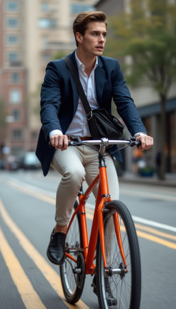 A fashionable young man in a navy blazer and light trousers rides an orange bicycle through an urban street. His confident demeanor and modern attire reflect a blend of style and mobility, capturing the essence of contemporary city life.の素材