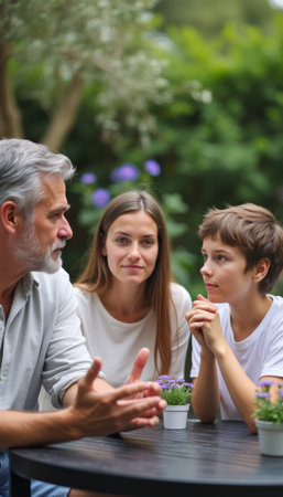 A thoughtful family discussion unfolds in a vibrant garden, featuring a gray-haired man, a woman, and a young girl. The scene captures the warmth of connection and the beauty of shared moments, surrounded by greenery and blooming flowers.の素材