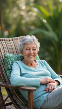 An elderly woman with silver hair sits comfortably in a garden chair, radiating warmth and happiness. Surrounded by lush greenery, her serene smile captures the essence of peaceful moments spent in nature.の素材